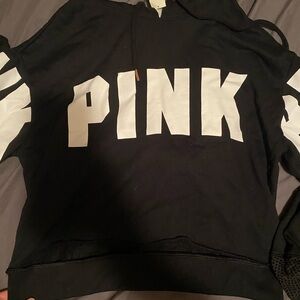 PINK Black Hoodie with Bold White Logo